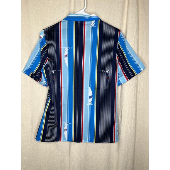 1970s Lady Arrow Nautical Stripe Patriotic Coastal Sailboat Open Collar Shirt M - Picture 5 of 5